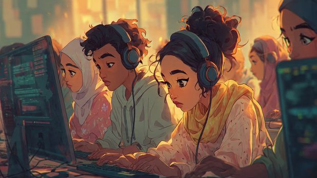 Students working on multimedia projects